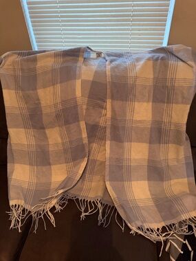 Light Blue & Cream Plaid Fringe Shawl
